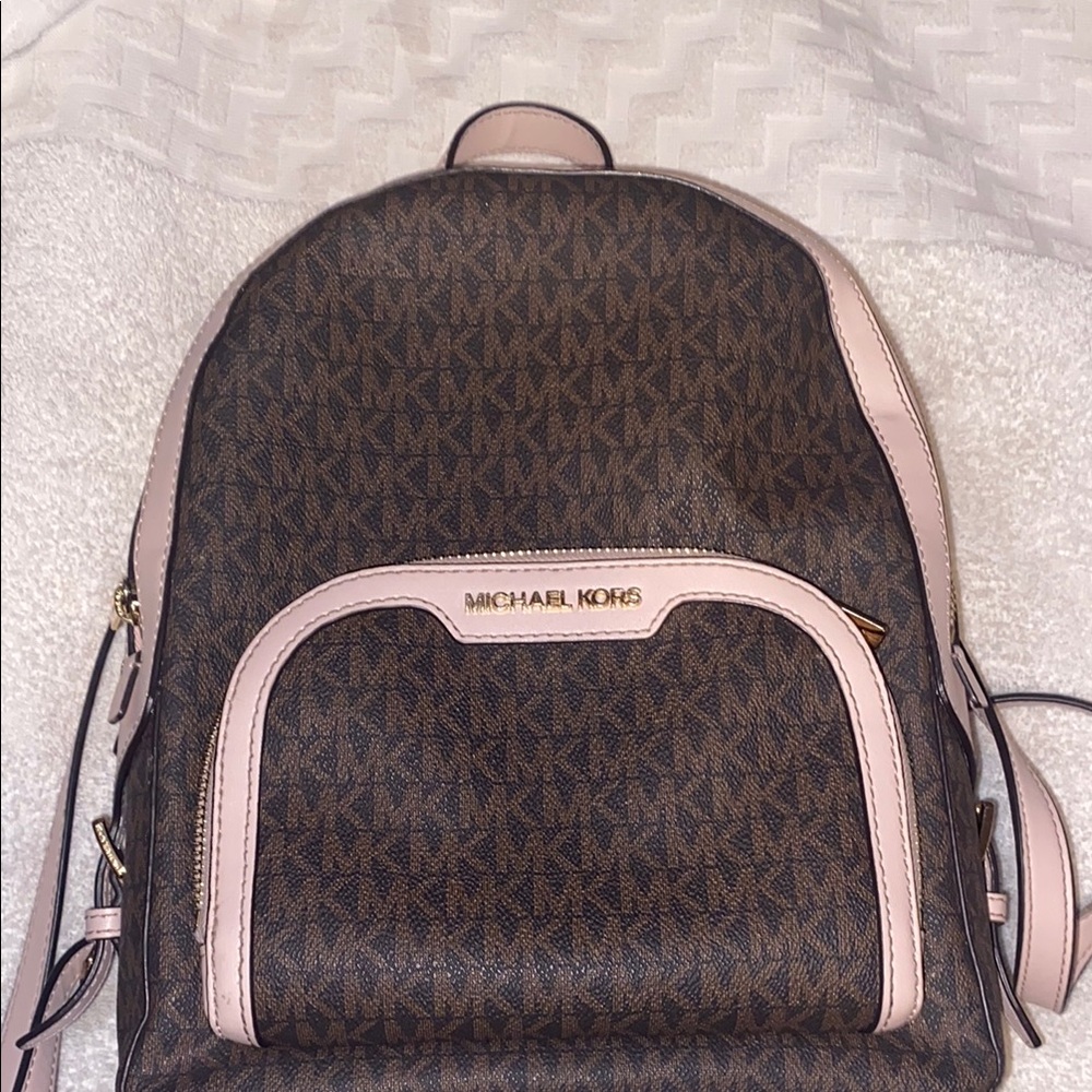 Michael Kors Signature Brown and Pink Backpack
